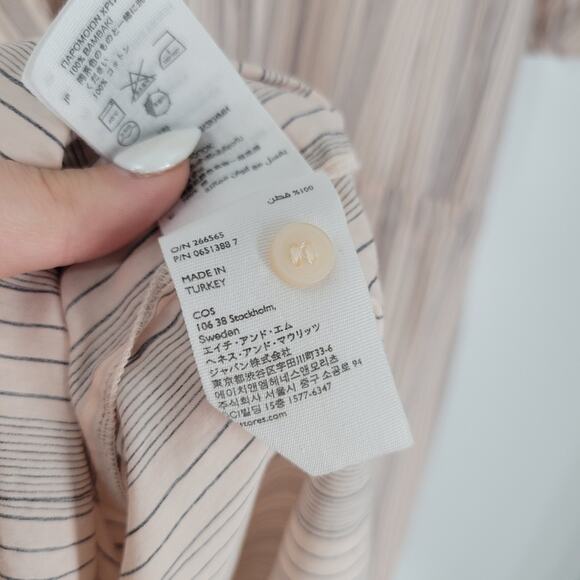 COS Pink Black Stripe Cotton Waist Tie Button Down Short Sleeve Mini Dress 14 - Picture 8 of 10